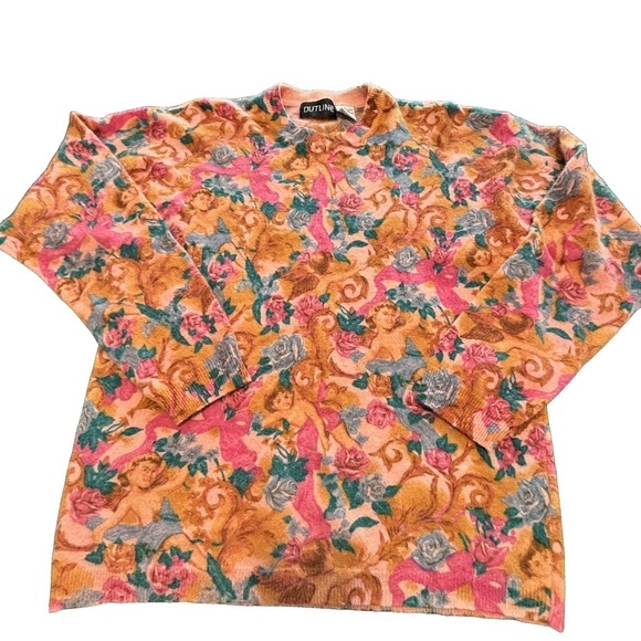 Vintage wool angora nylon blend sweater with cherub pattern sz L (fits smaller) - Picture 2 of 14